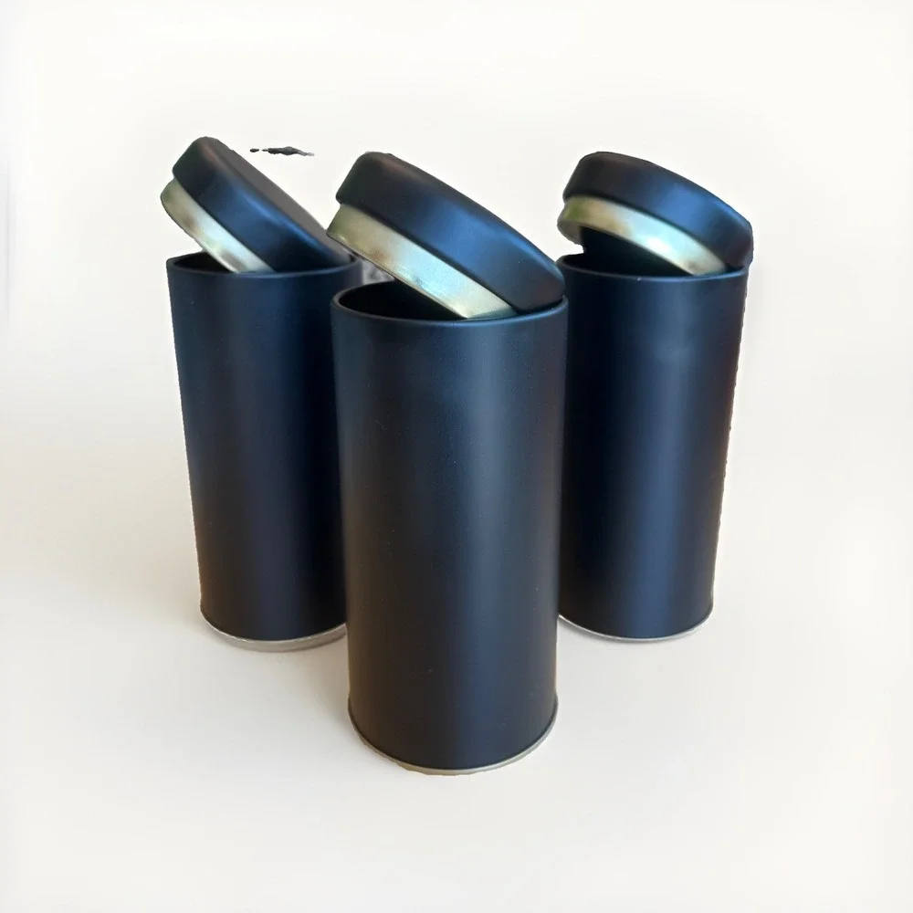 Tin Set Of 3 Black Matte Cylinder Slip In Lid Airtight Tea Coffee Spices NEW